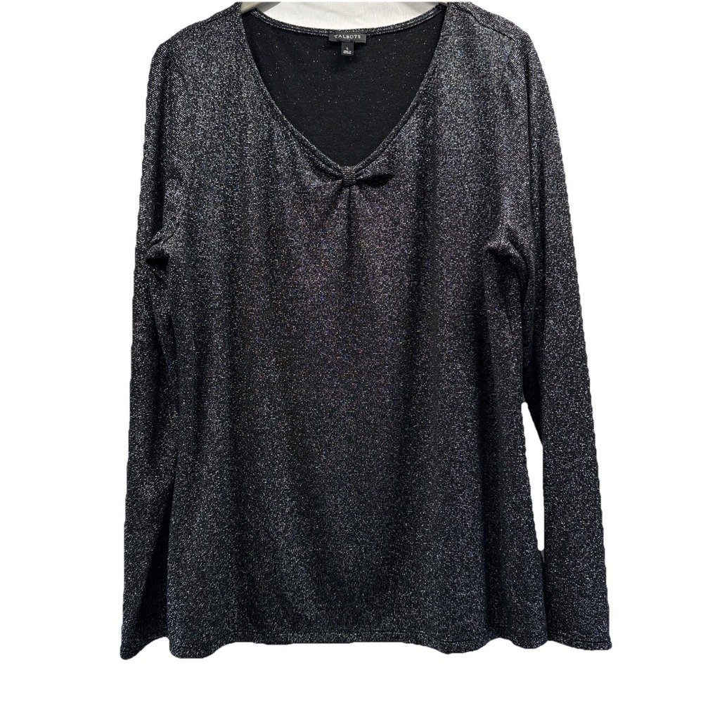 Talbots Women's Top Size Large Black Silver Metallic Long Sleeve Sweetheart Neck